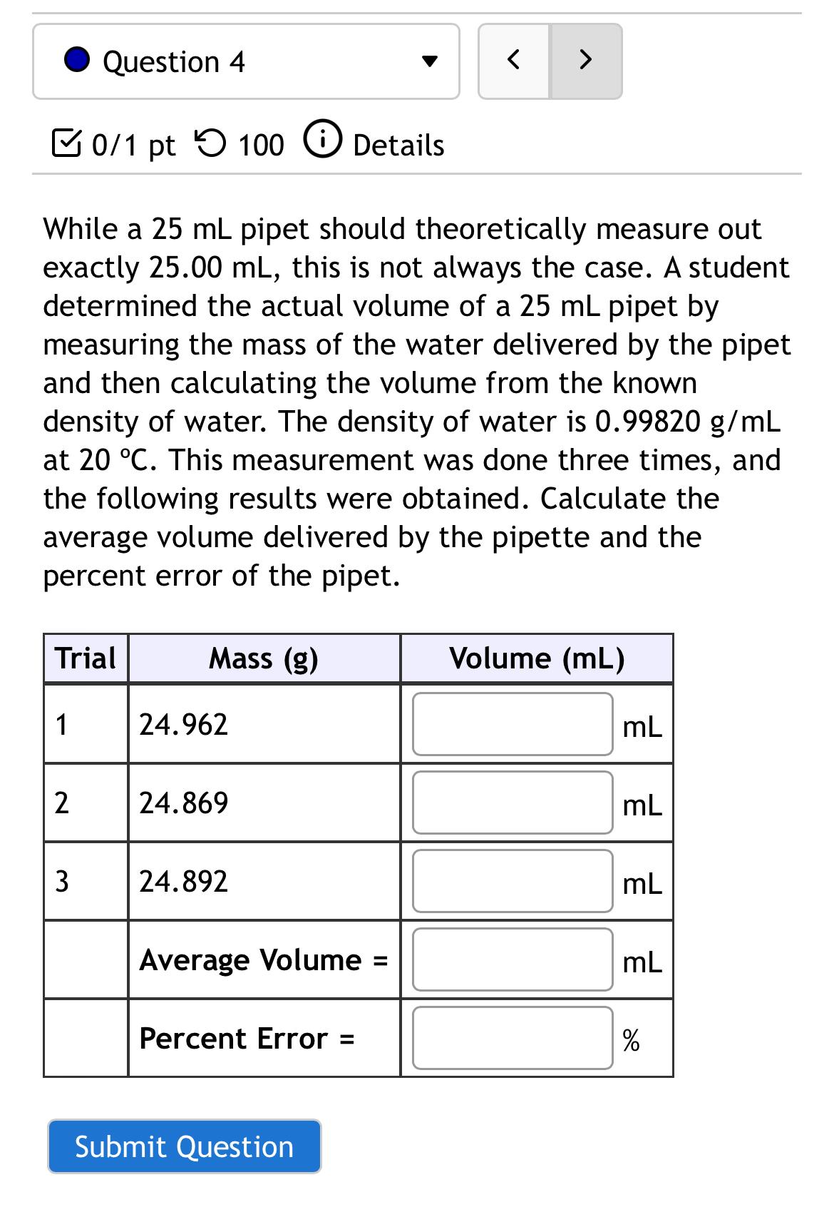  0/1 pt 100 Details While a 25mL pipet should theoretically measure