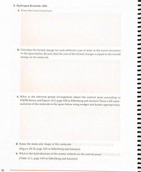 3. Hydrogen Bromide: HB a. Draw the Lewis structure: b. Calculate