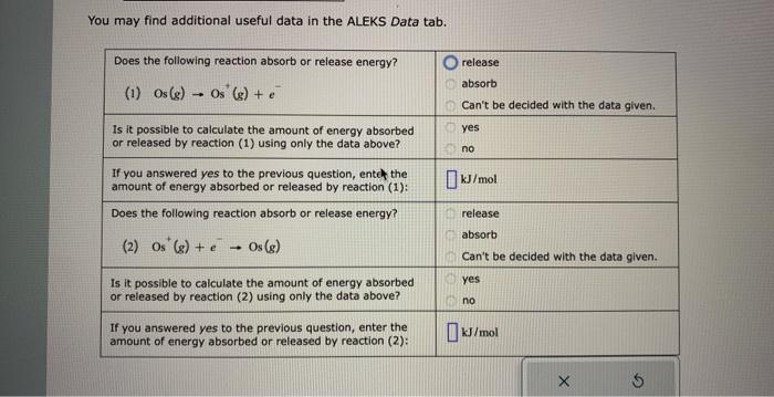 data in the ALEKS Data tab. \begin{tabular}{|l|l|} \hline Does the following reaction