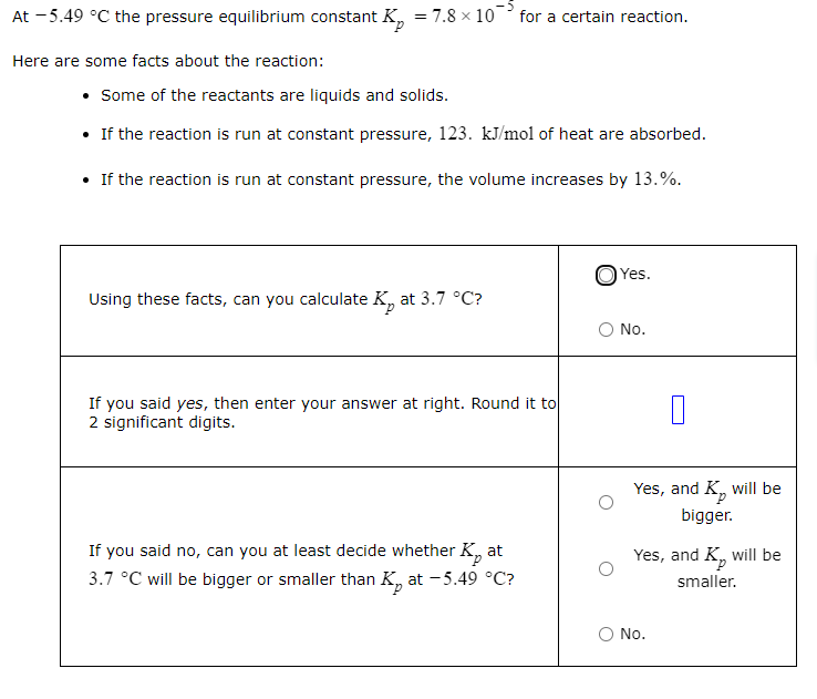 At -5.49 C the pressure equilibrium constant K = 7.8 x