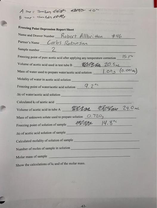  Freezing Point Depression Report Sheet Name and Drawer Number Robert Allbritton