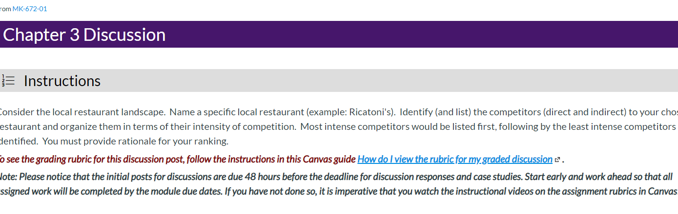 Consider the local restaurant landscape.Name a specific local restaurant (example: Ricatoni's).Identify (and