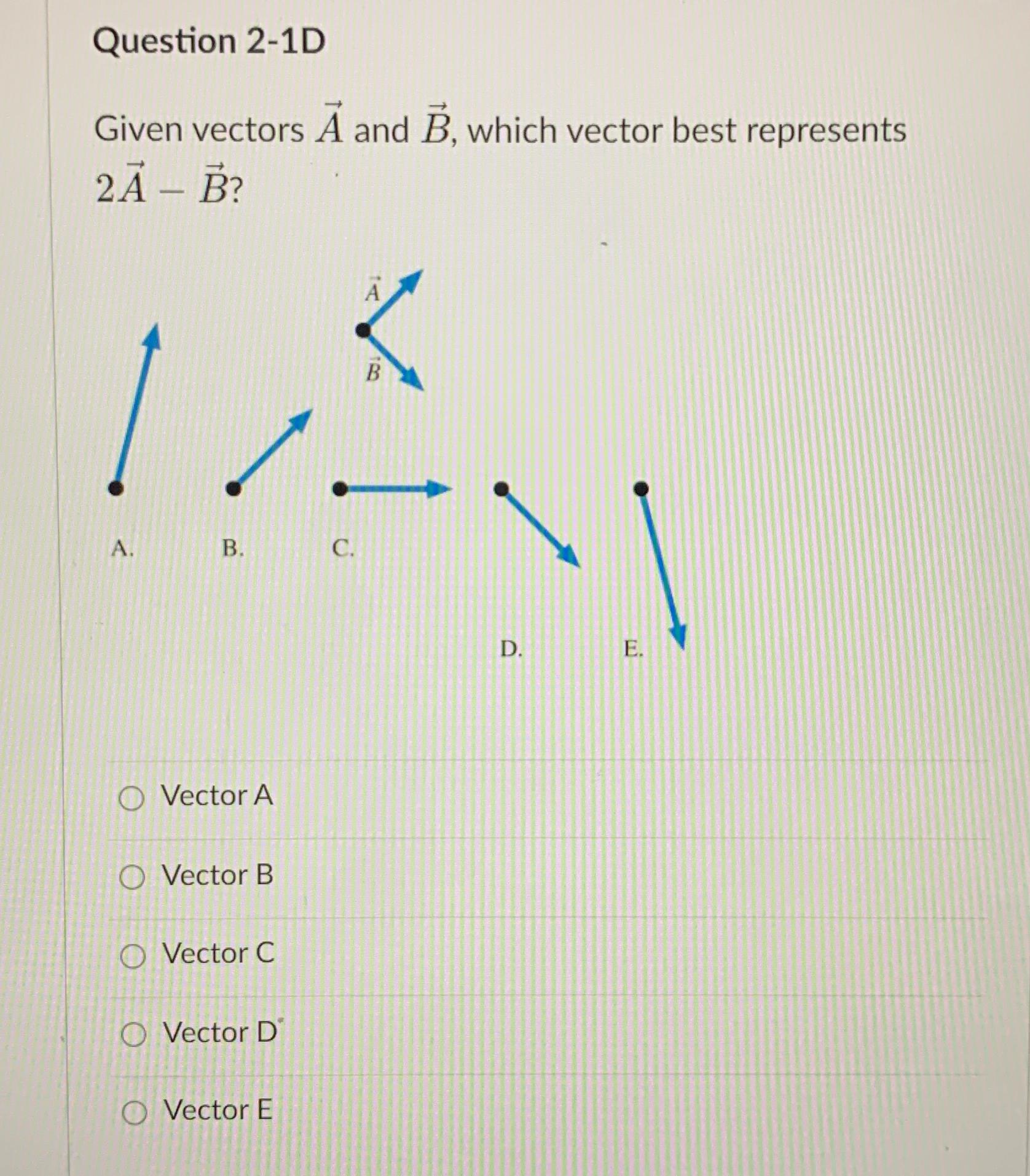  Question 2-1D Given vectors vec(A) and vec(B), which vector best represents
