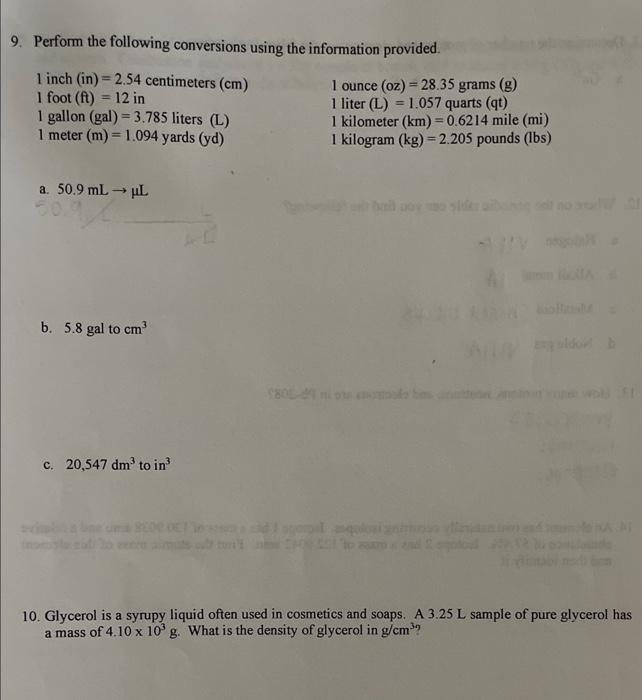  please help 9. Perform the following conversions using the information provided.