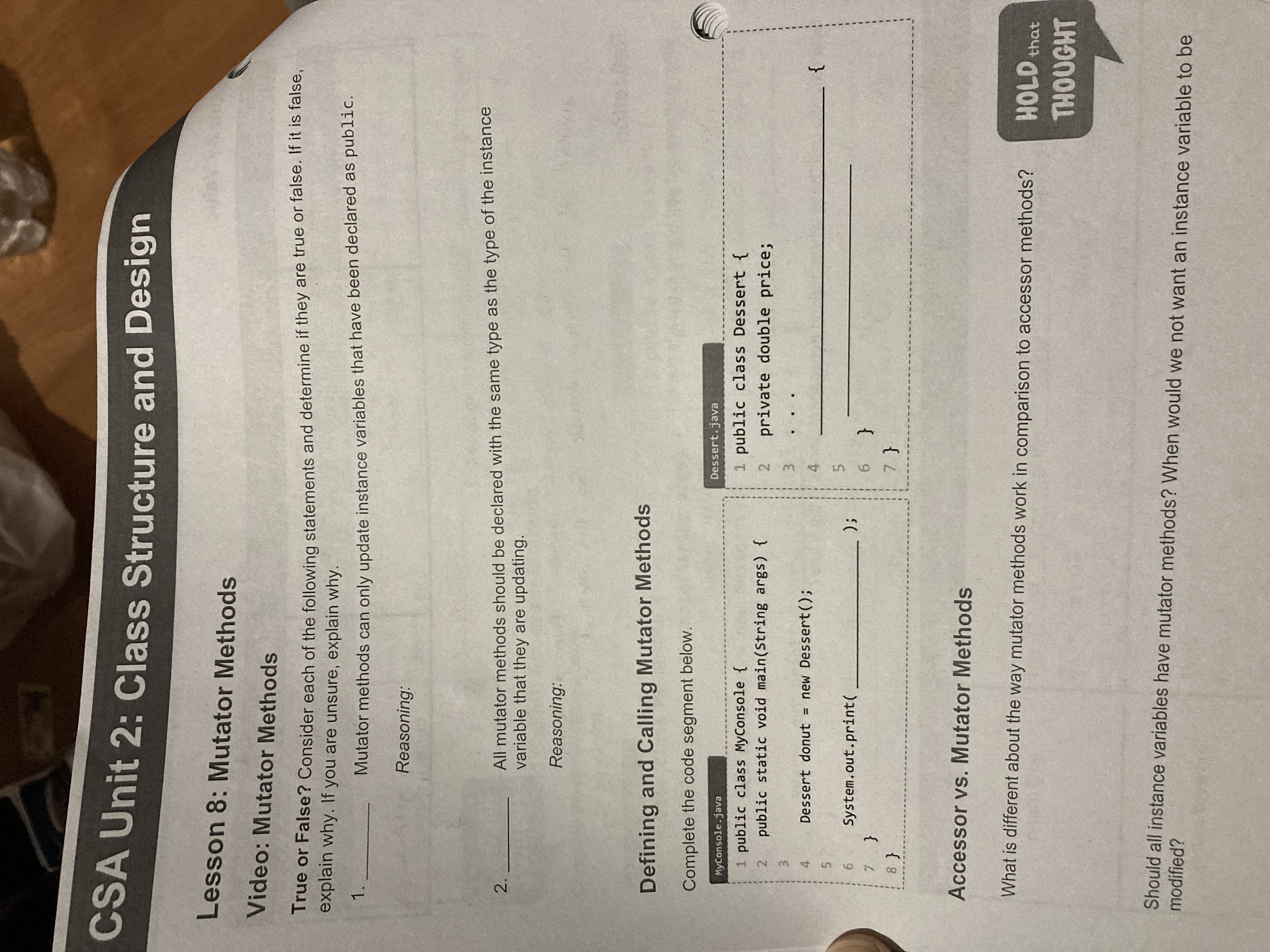  CSA Unit 2: Class Structure and Design Lesson 8: Mutator Methods