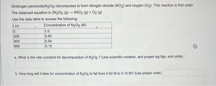 please help Dinitrogen pentoxide (N2O5) decomposes to form nitrogen dioxide (NO2) and