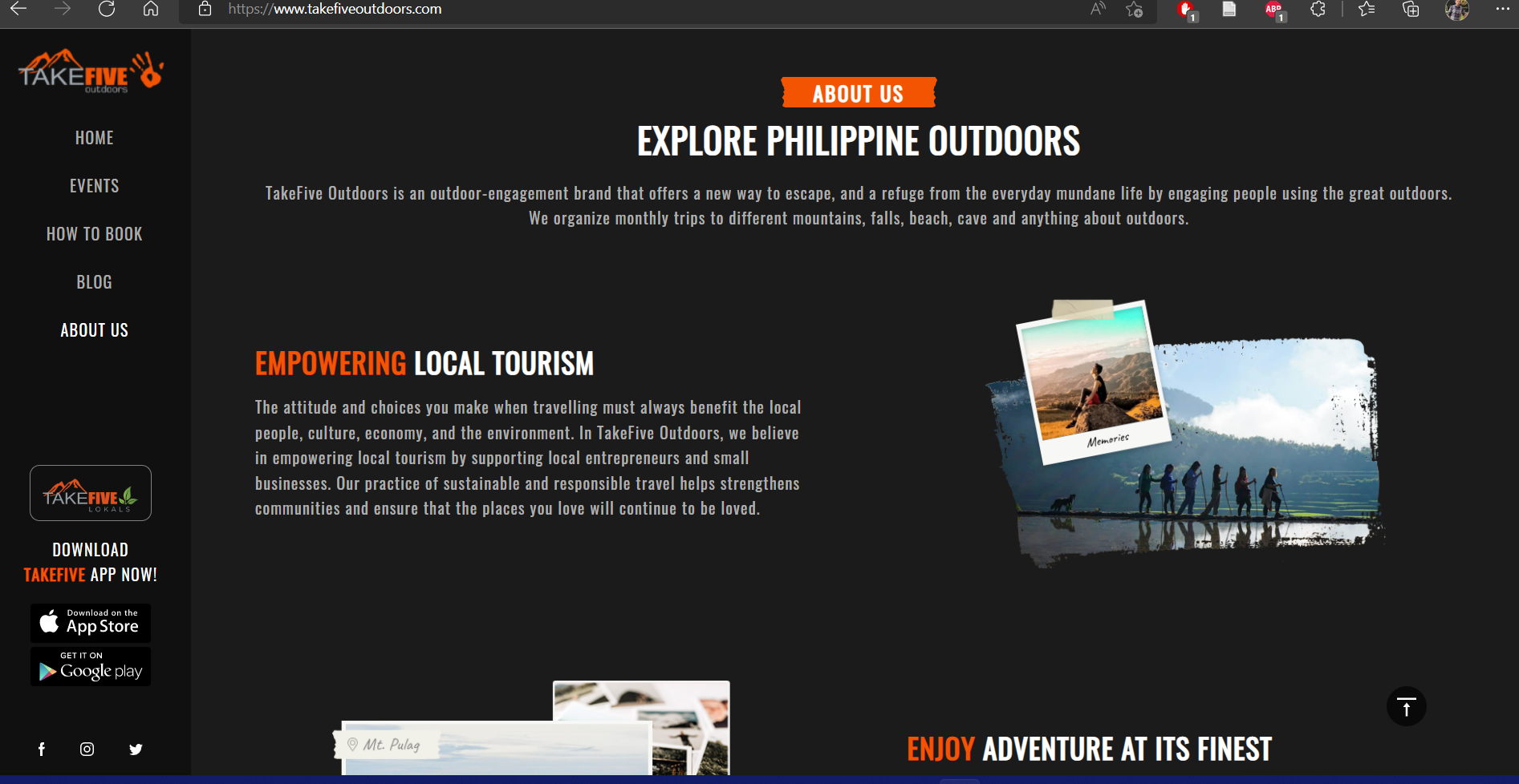  https://www.takefiveoutdoors.com ABD TAKE FIVE &. ABOUT US HOME EXPLORE PHILIPPINE OUTDOORS