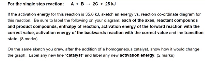  For the single step reaction: A+B2C+25kJ If the activation energy for