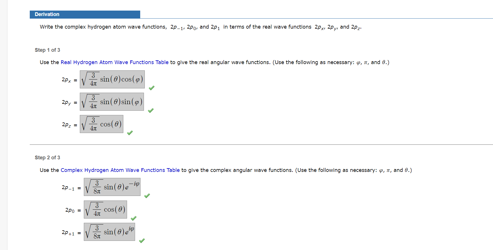  Write the complex hydrogen atom wave functions, 2p1,2p0, and 2p1 in
