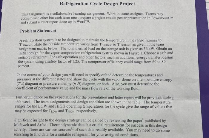  Refrigeration Cycle Design Project This assignment is a collaborative learning assignment.