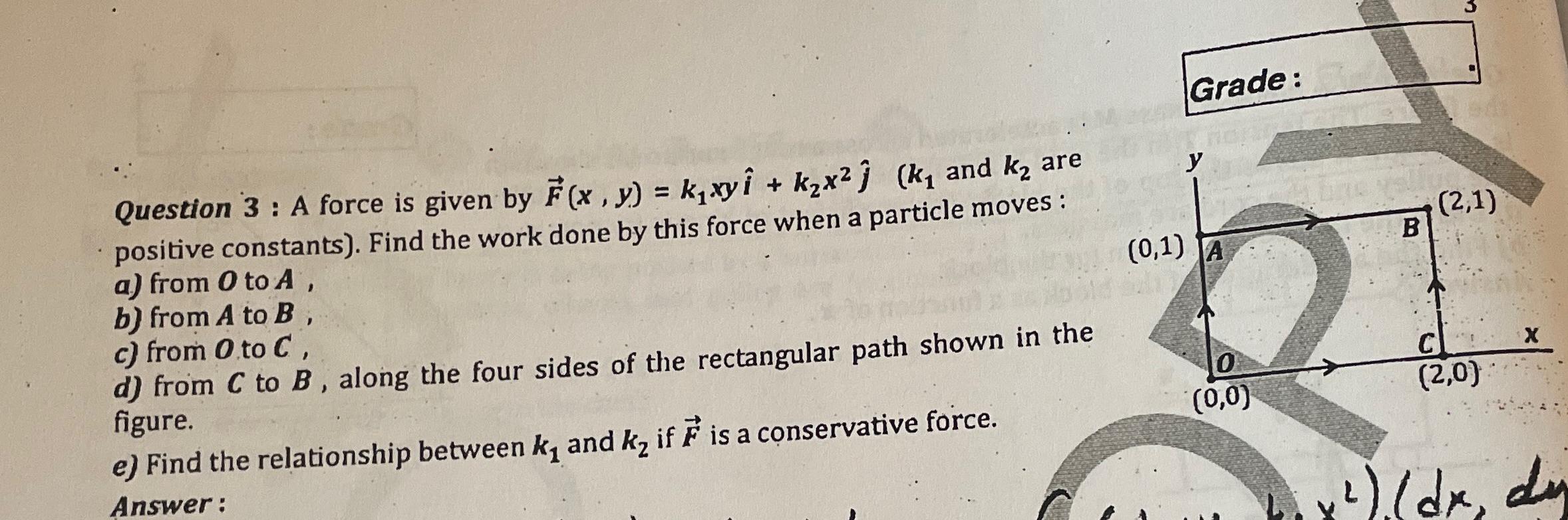  Grade: Question 3 : A force is given by and k2