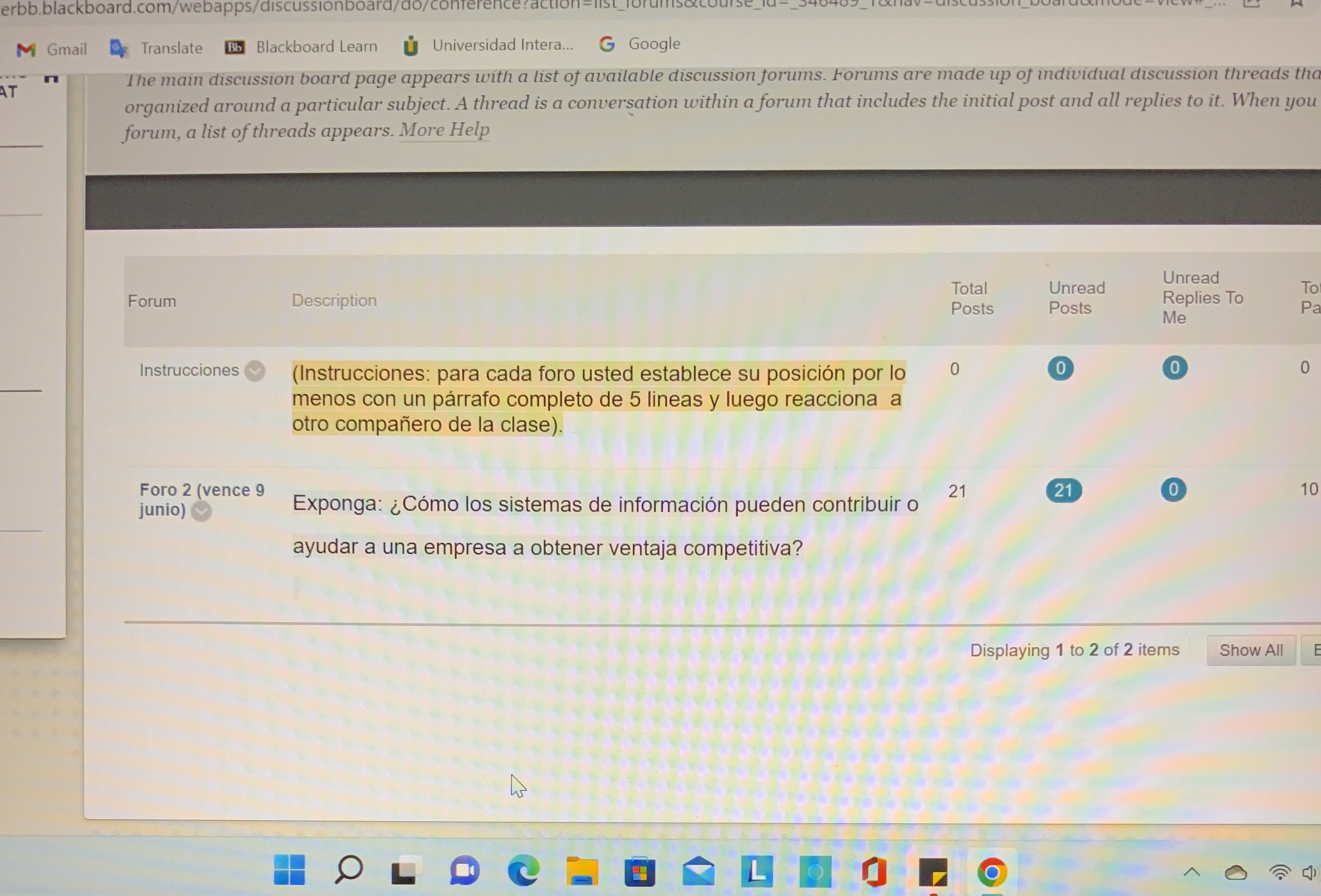 erbb.blackboard.com/webapps/discussionboard/do/confer M Gmail Translate Bb Blackboard Learn U Universidad Intera... G
