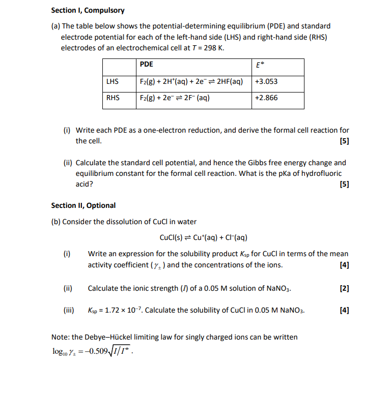  Section 1, Compulsory (a) The table below shows the potential-determining equilibrium