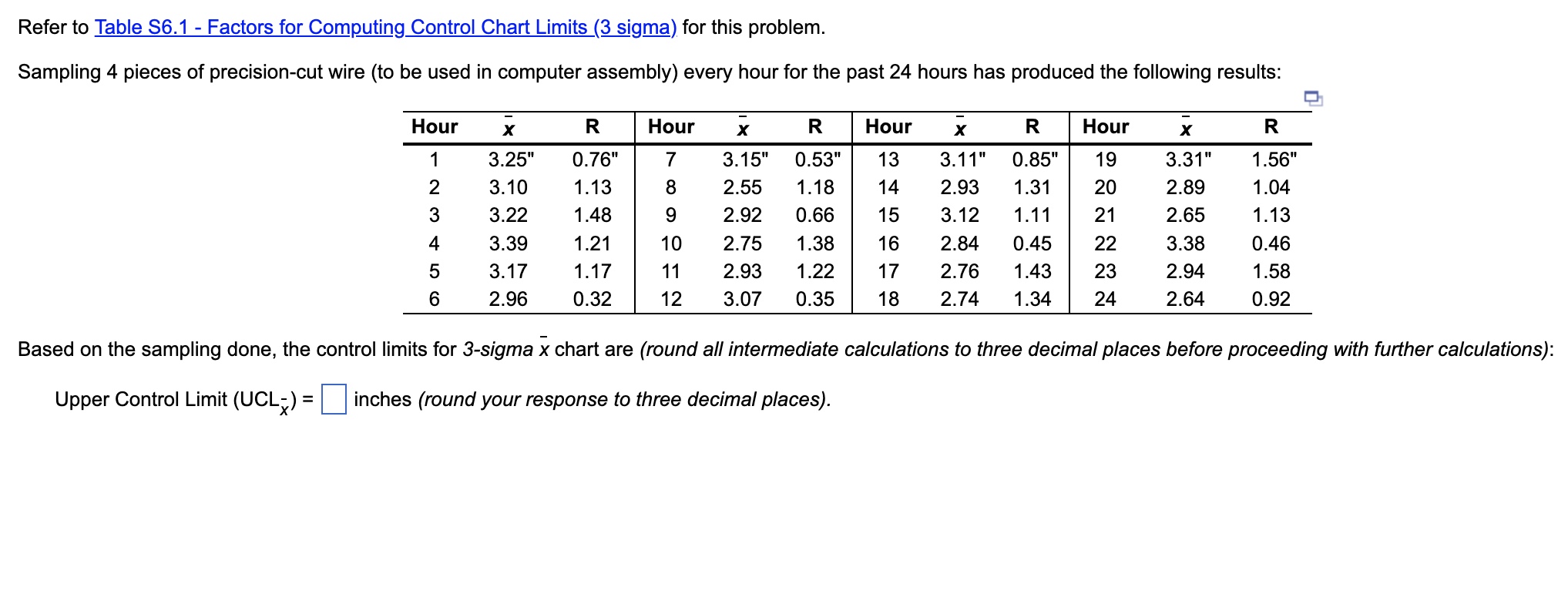  Refer to Table S6.1 - Factors for Computing Control Chart Limits