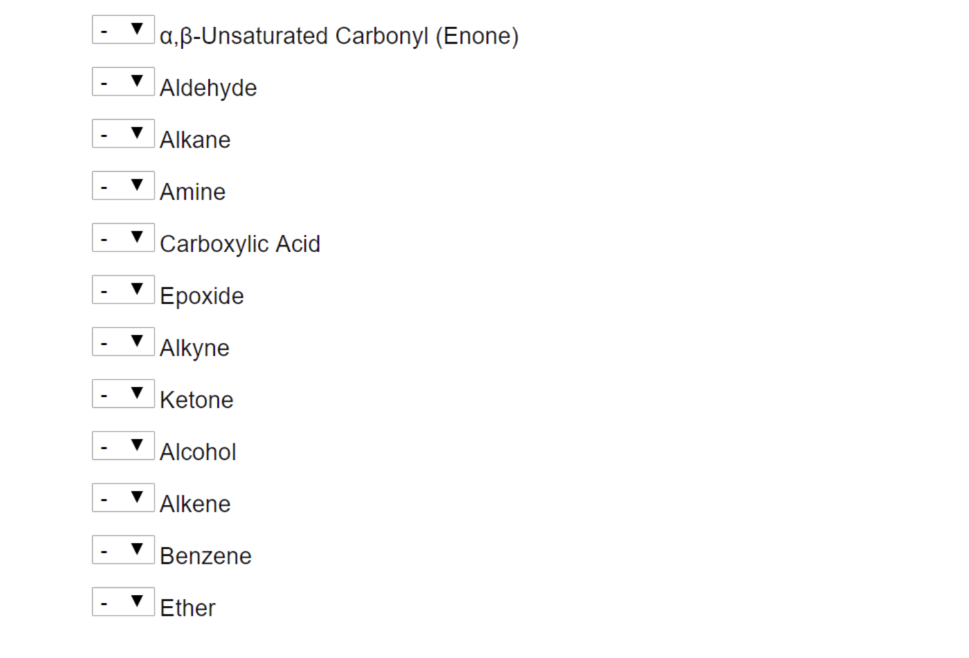 xv are? xiv XV H3CCN ,-Unsaturated Carbonyl (Enone) Aldehyde Alkane Amine Carboxylic