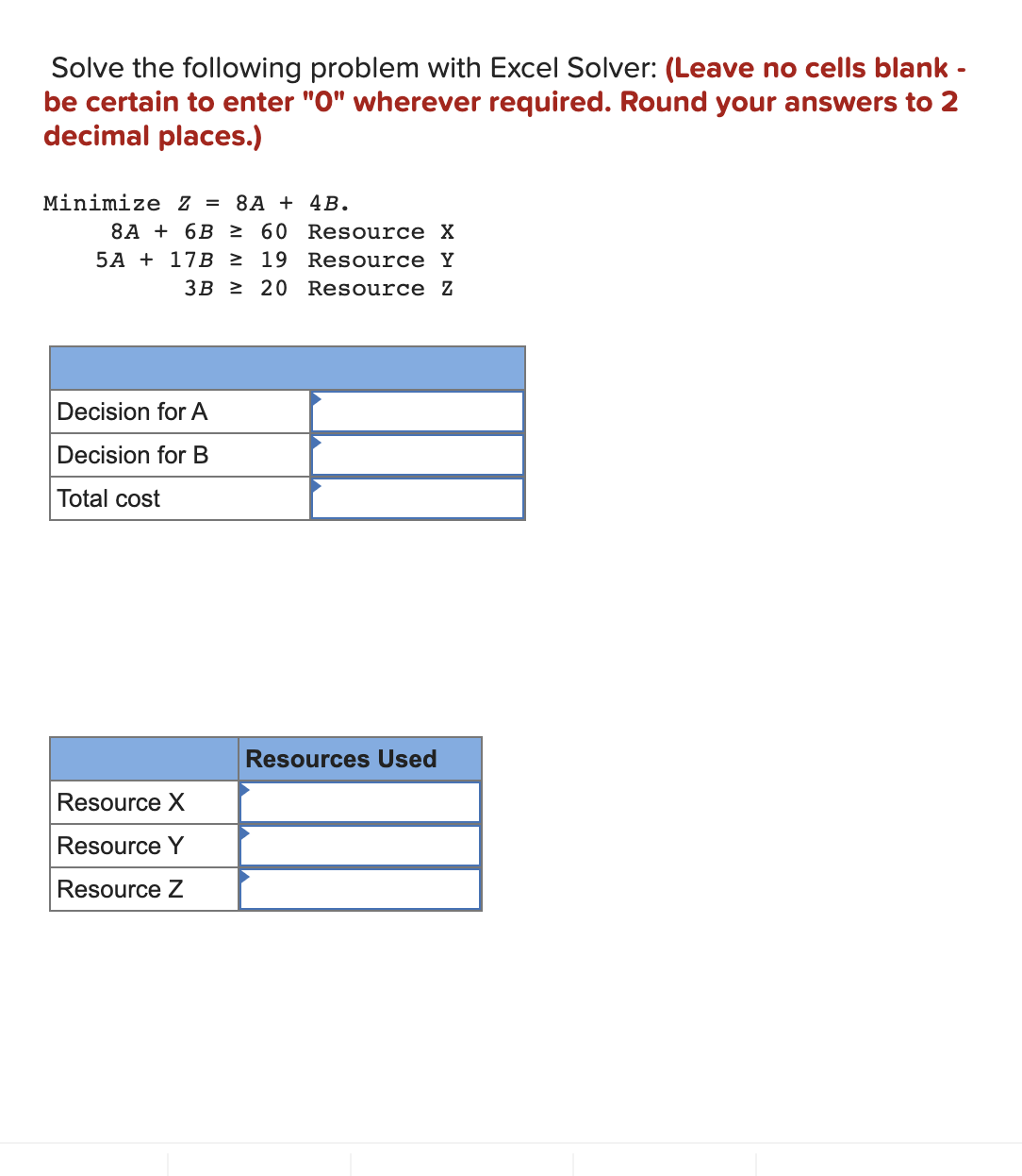  Solve the following problem with Excel Solver: (Leave no cells blank