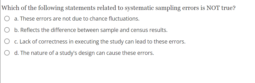 0 b. Sampling unit error 0 c. Random sampling error 0 d.