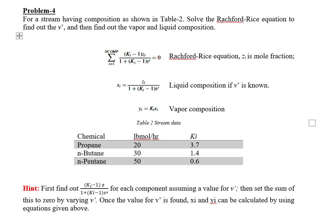 USING Excel solve Problem-4 For a stream having composition as shown in