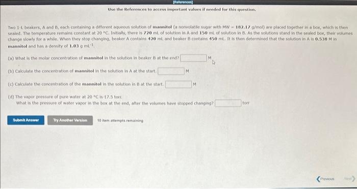  Two 1-L beakers, A and B, each containing a different aqueous