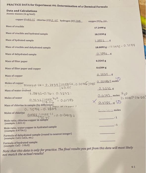 need help solving for mole ratio and formula hydrated sample PRACTICE DATA