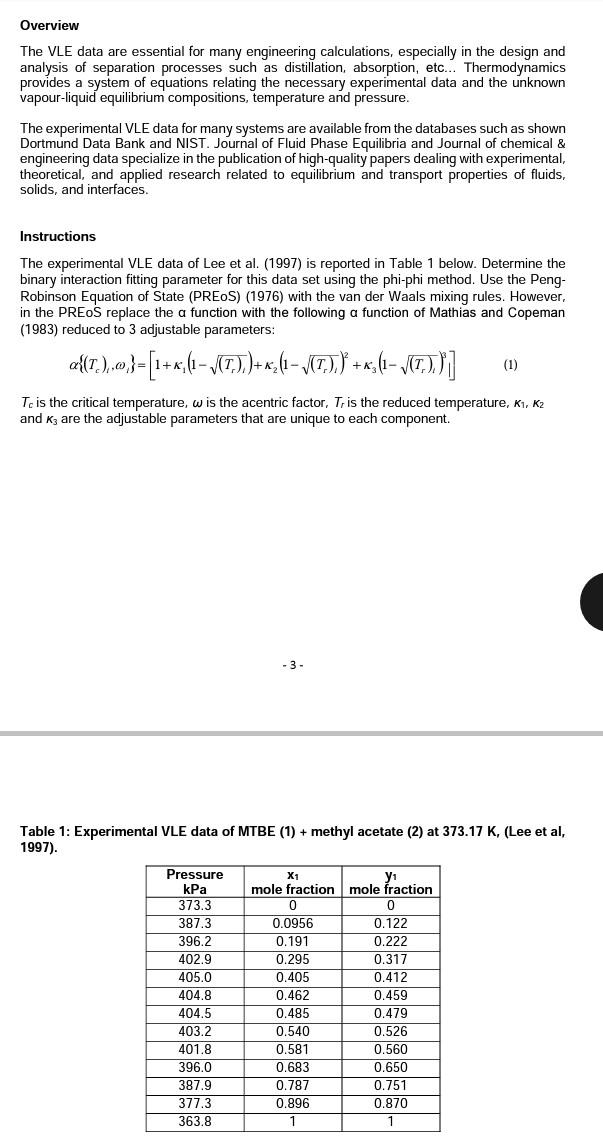  Overview The VLE data are essential for many engineering calculations, especially