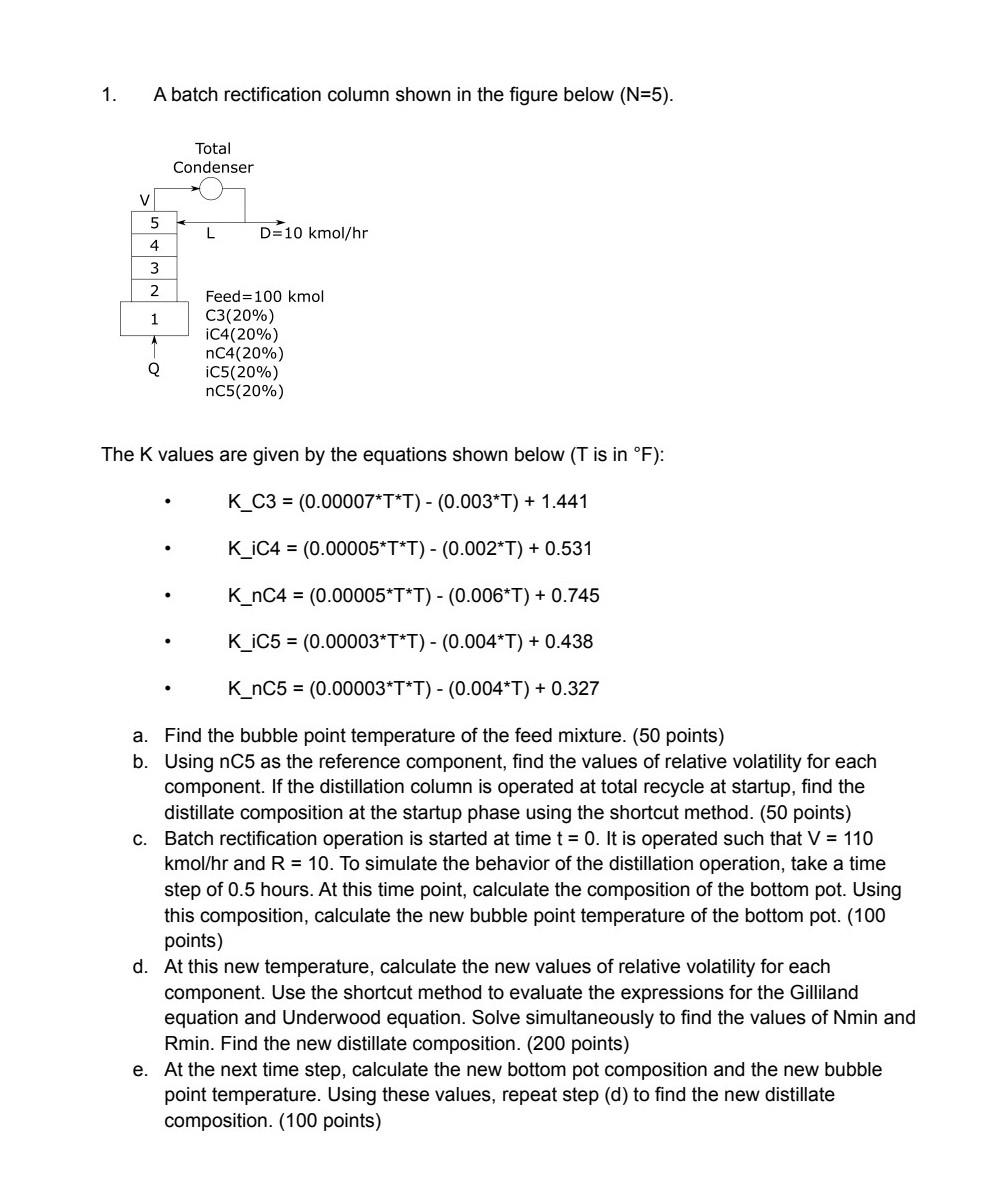  1. A batch rectification column shown in the figure below (N=5).