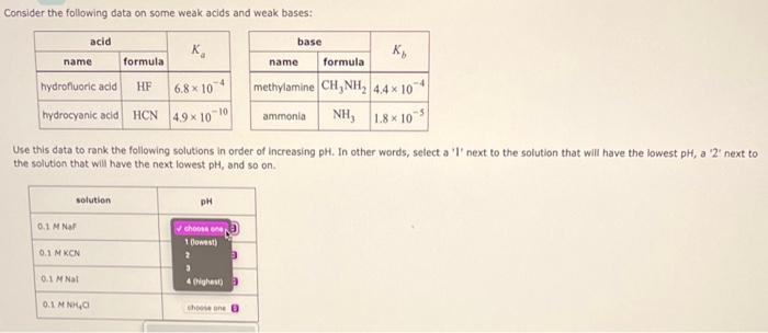  Consider the following data on some weak acids and weak bases: