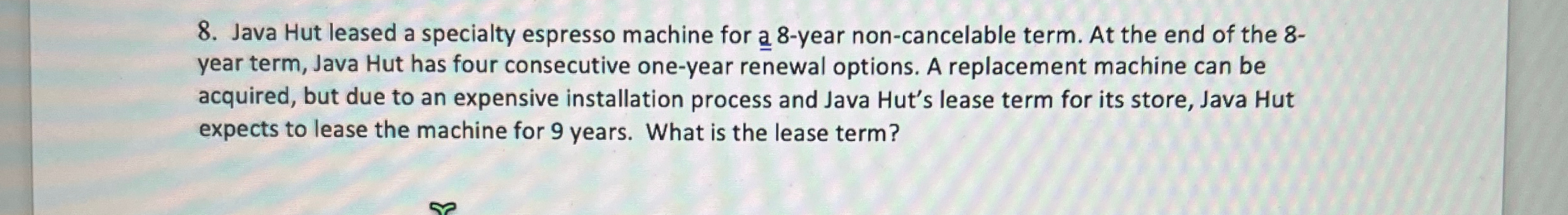  Java Hut leased a specialty espresso machine for a 8-year non-cancelable