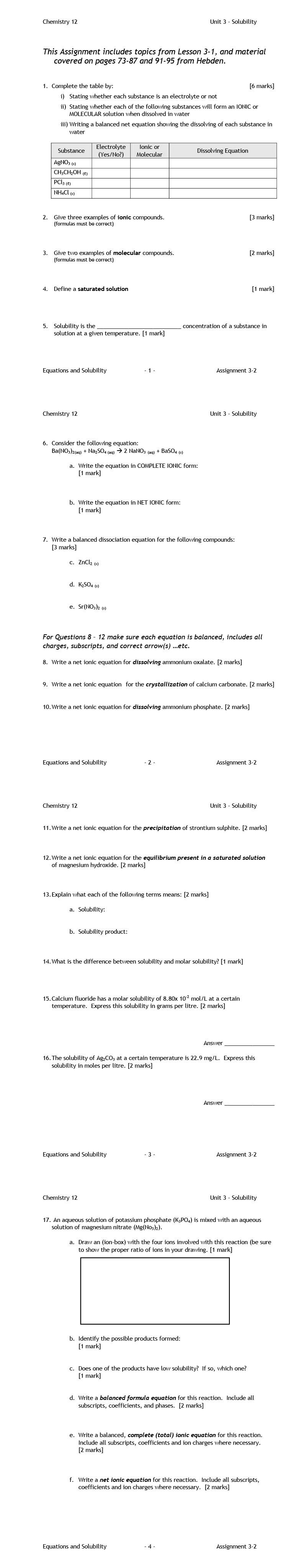  Chemistry 12 Unit 3 - Solubility This Assignment includes topics from