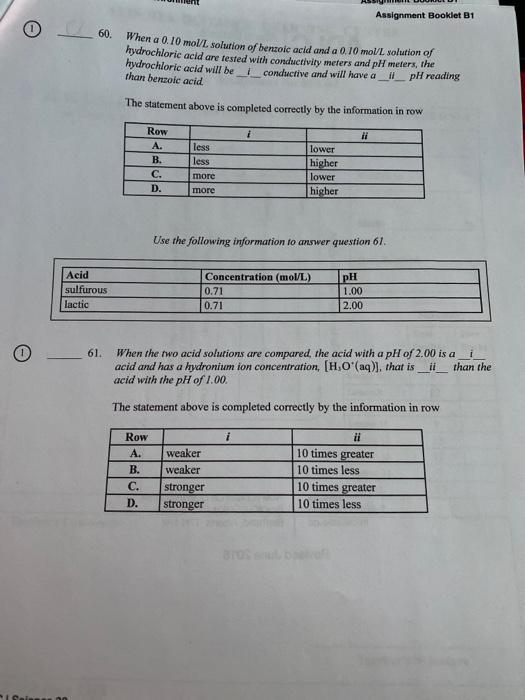  Assignment Booklet B1 60. When a 0.10 mol/L solution of benzoic