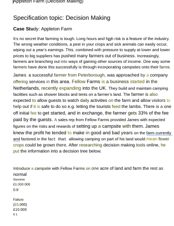  Appleton Farm [Decision Making) Specification topic: Decision Making Case Study. Appleton