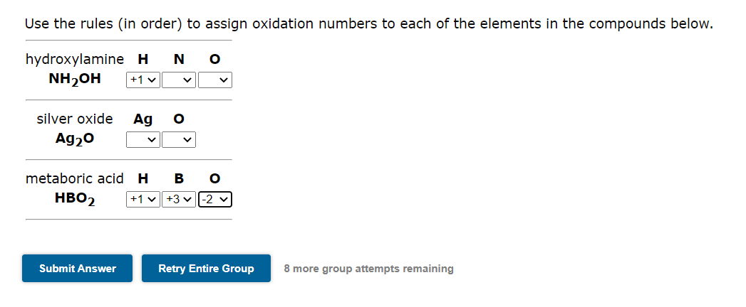 oxidation state for each of the elements below. Use the rules (in