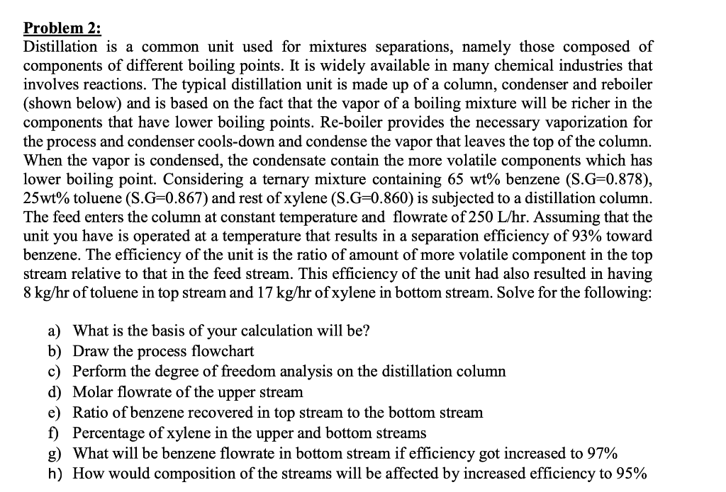 Problem 2: Distillation is a common unit used for mixtures separations,