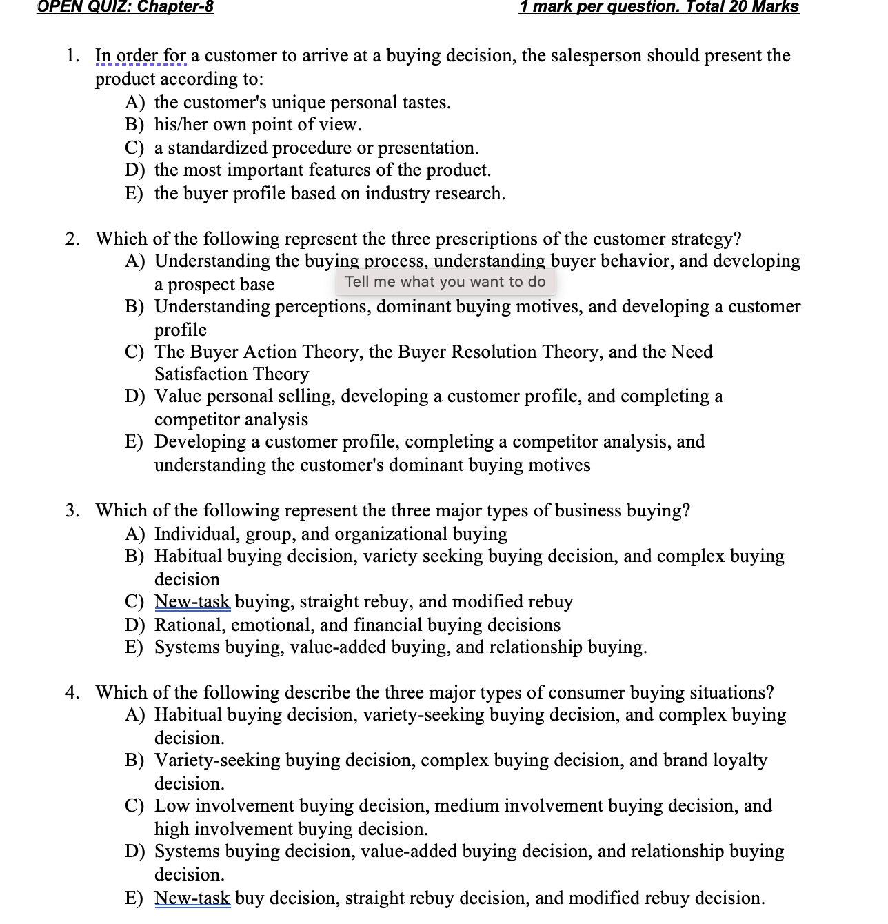 OPEN QUIZ: Chapter-8 1 mark Qer question. Total 20 Marks 1.