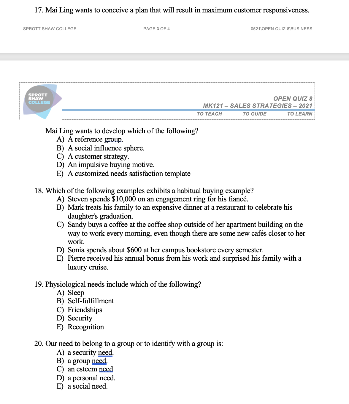 presentation. D) the most important features of the product. E) the buyer