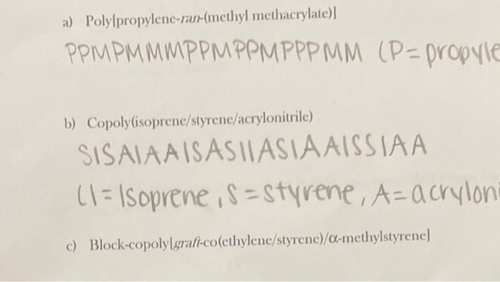 following copolymers: a) Polylpropylenc-ran-(methyl methacrylate) I PPMPMMMPPMPPMPPPMM ( P= propyle b) Copoly(isoprene/styrene/acrylonitrile)