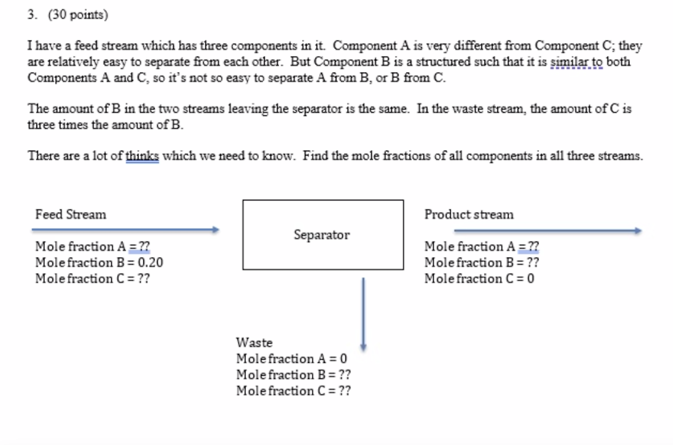  (30 points) I have a feed stream which has three components