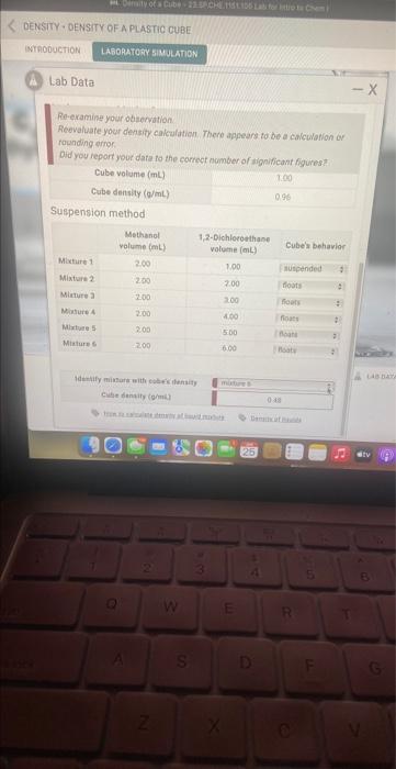 please help me find the cubes density & mixture Lab Data R0-evamine