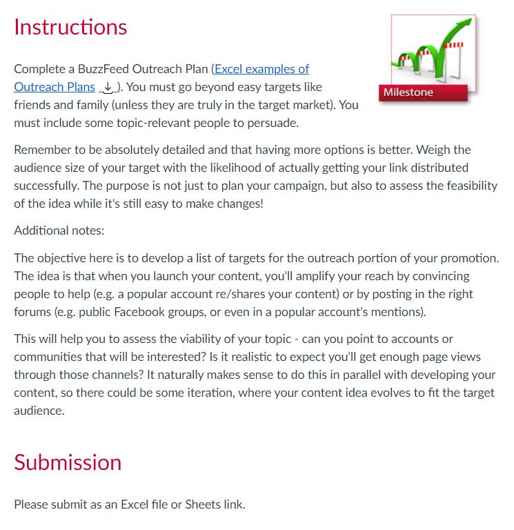 Excel Examples of Outreach Plan: https://drive.google.com/file/d/1IlFuaWPiUpfaaEstuI3mJKdJ-TmW6gXt/view?usp=sharing Instructions Complete a BuzzFeed Outreach Plan