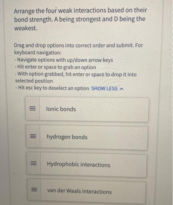 please explain Arrange the four weak interactions based on their bond strength.