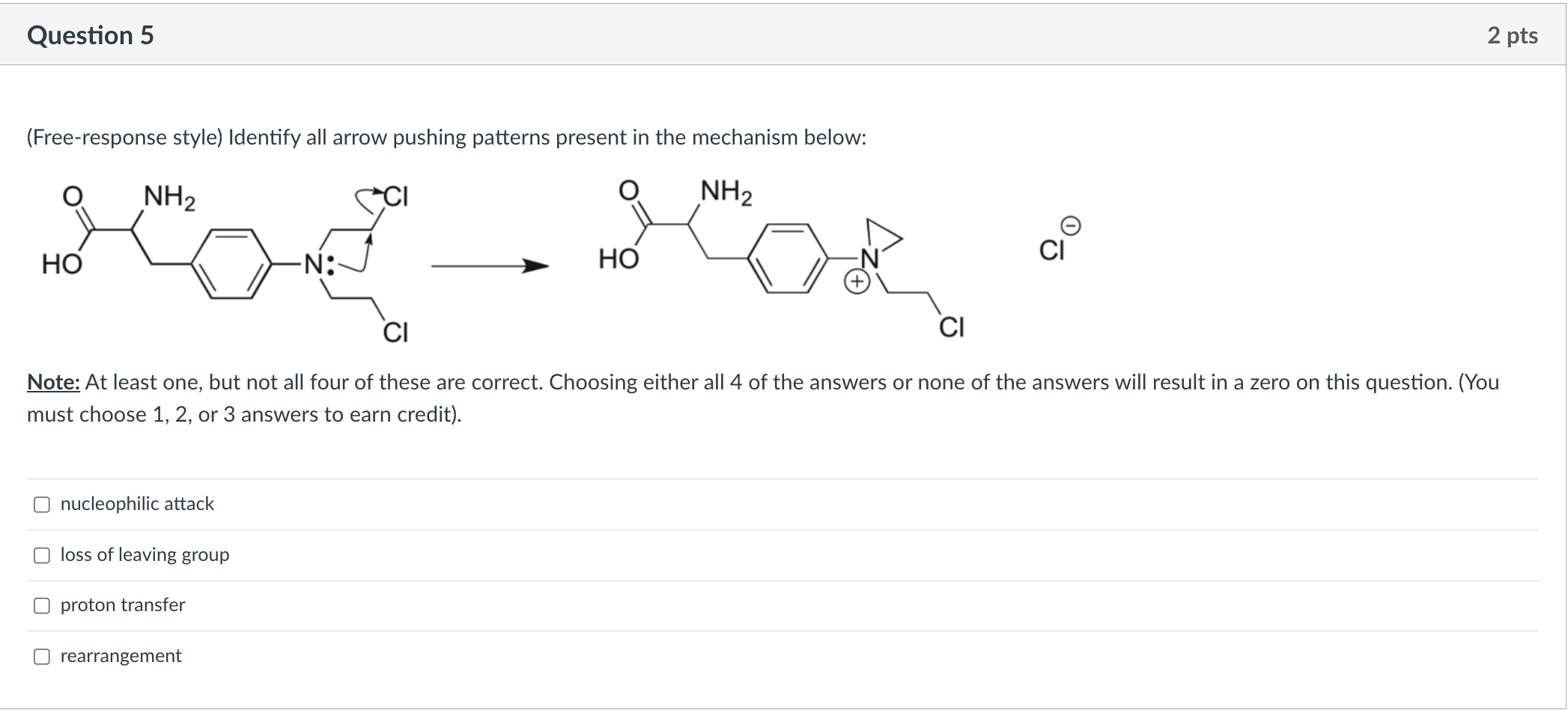 (Free-response style) Identify all arrow pushing patterns present in the mechanism