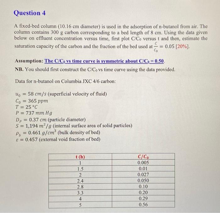 exam Q4 Question 4 A fixed-bed column (10.16 cm diameter) is used