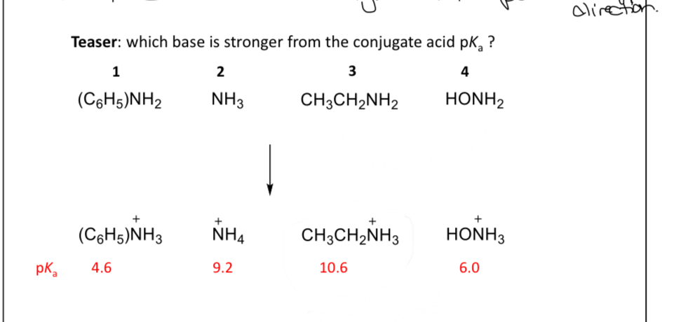  Can someone throughly explain why CH3CH2NH3+ is the stronger base from