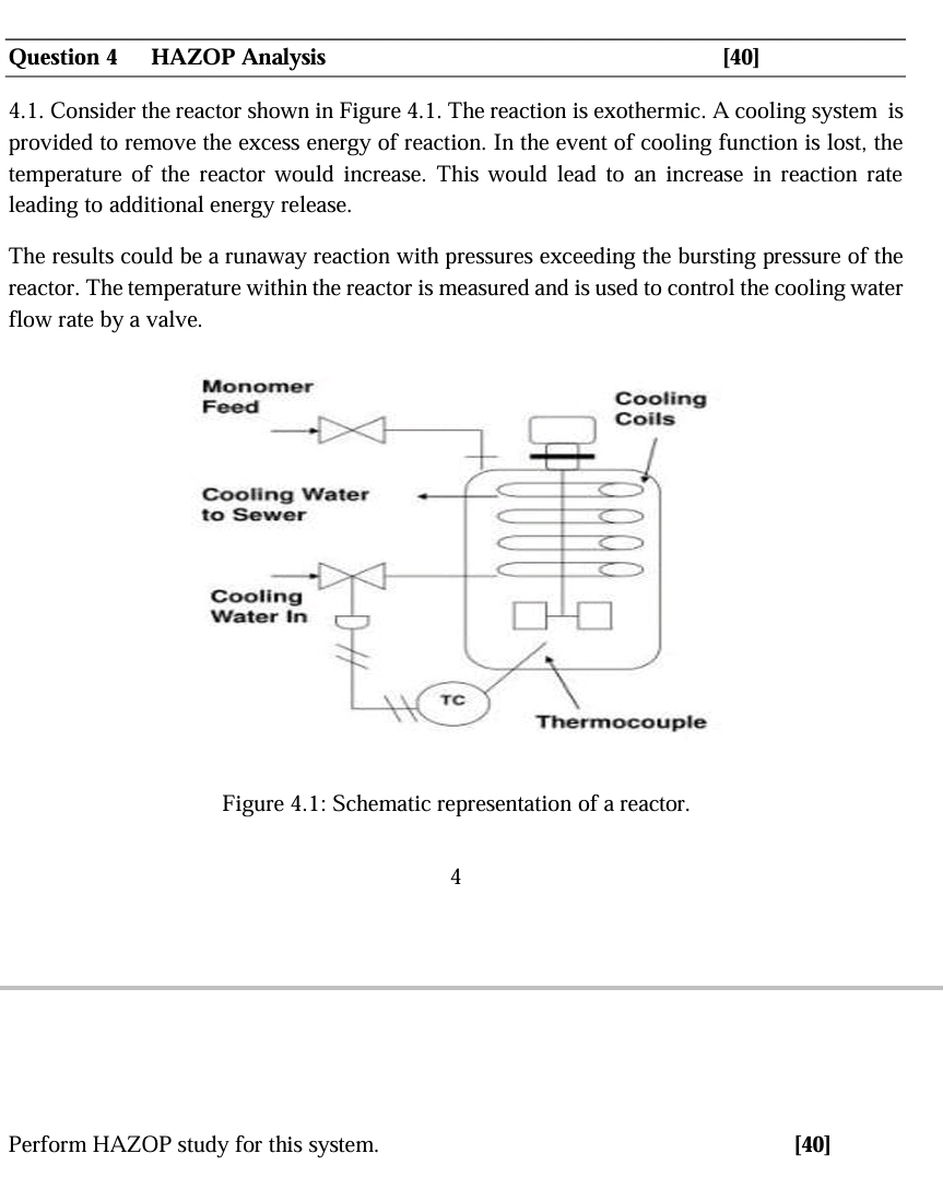  Question 4 HAZOP Analysis [40] 4.1. Consider the reactor shown in