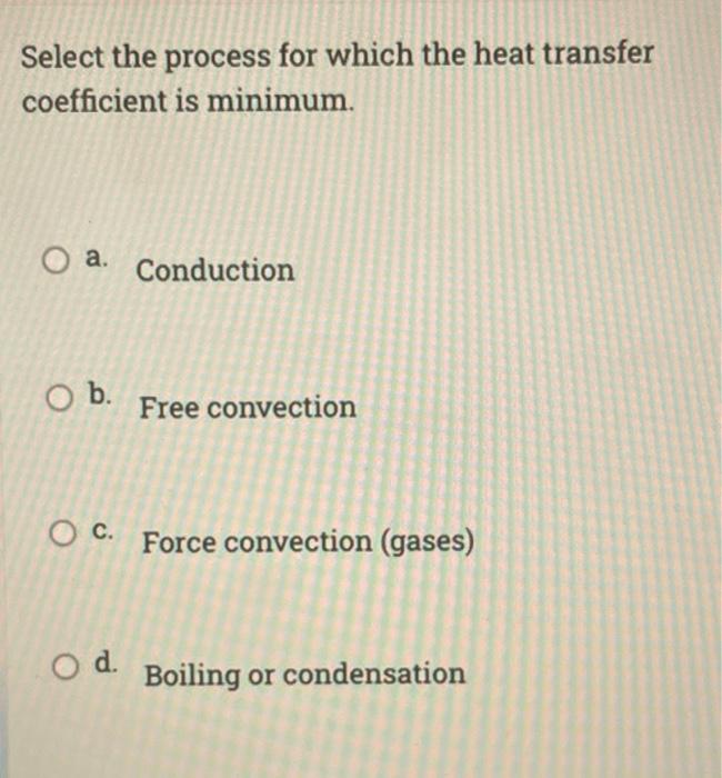  Select the process for which the heat transfer coefficient is minimum.