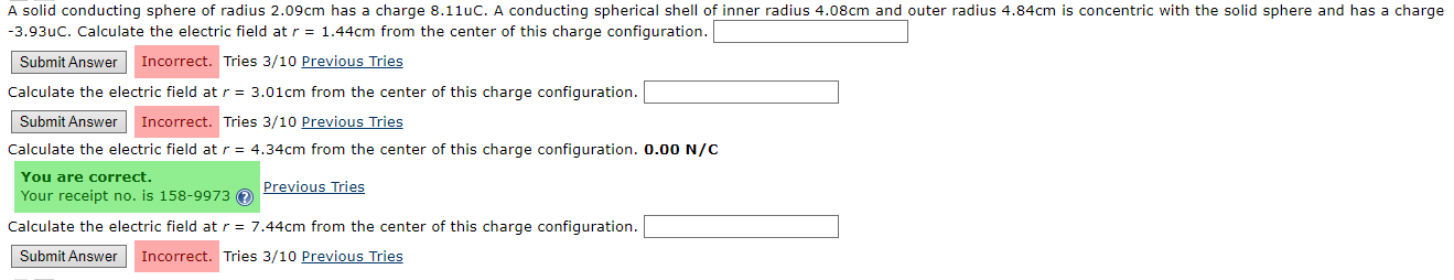  -3.93uC. Calculate the electric field at r=1.44cm from the center of