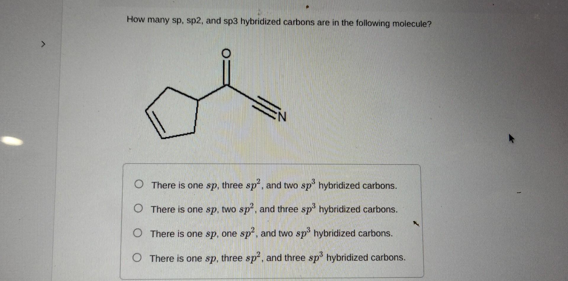 comma. How many sp, sp2, and sp3 hybridized carbons are in the
