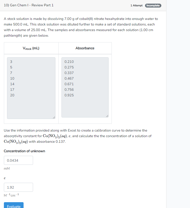  A stock solution is made by dissolving 7.00g of cobalt(II) nitrate