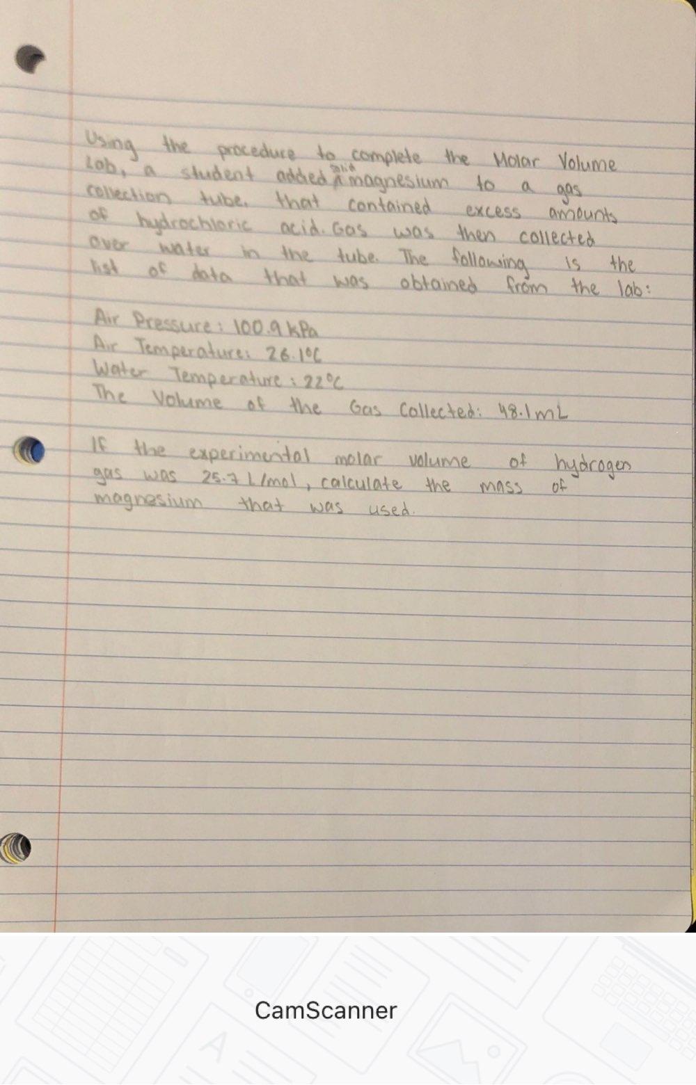 Lob, a gas Using the procedure to complete the Molar Volume
