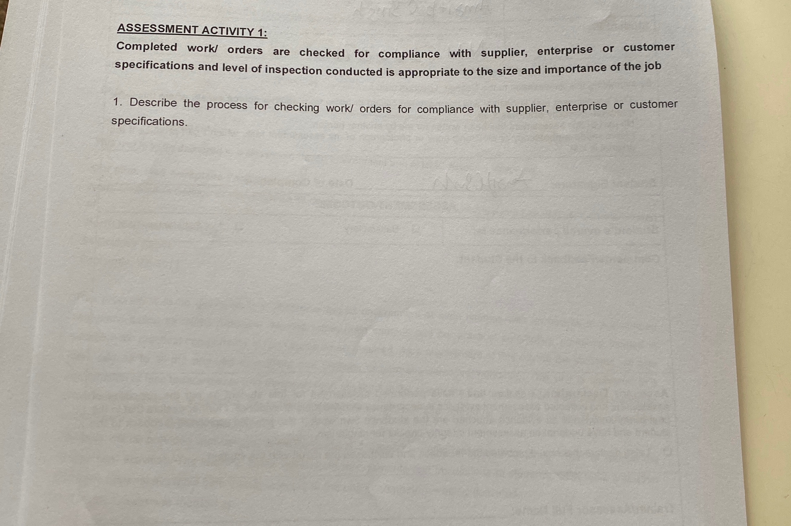 Describe the process for checking work orders for compliance with supplier, enterprise